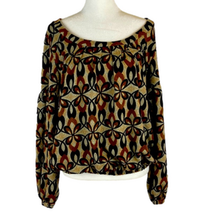 Funky People Tan Brown and Black Puff Sleeve  Elastic Waist Floral Top Size XL